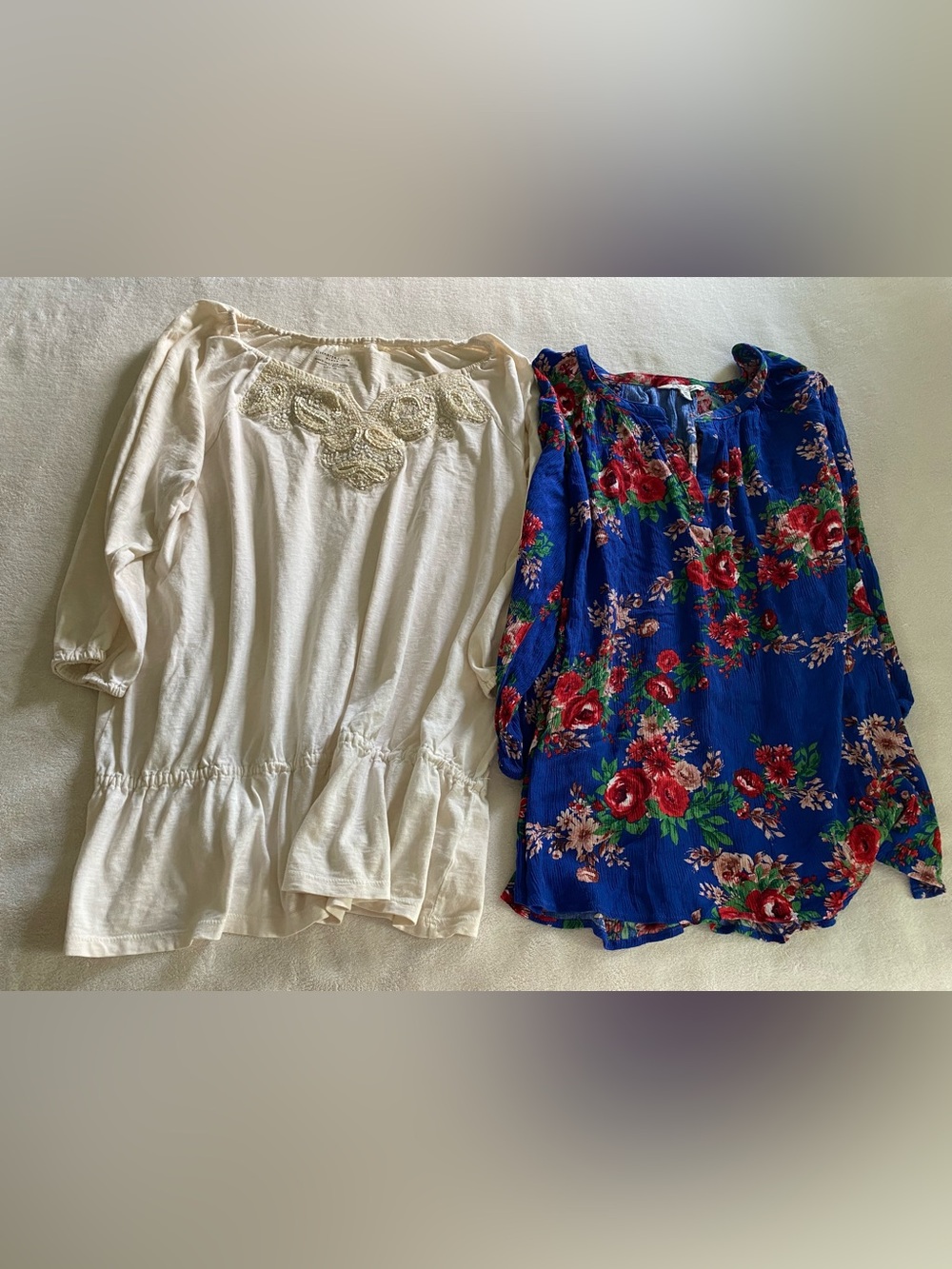 Boho Floral Peasant Tops - Ivory Tunic & Royal Blue Floral Blouse